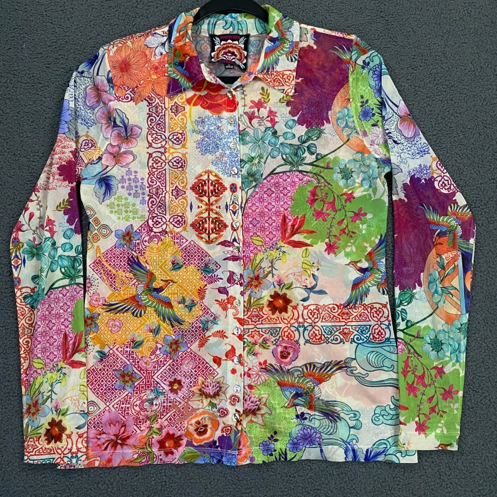 Johnny Was Top Women Medium Multicolor Floral Patchwork Mesh Sheer Top Boho